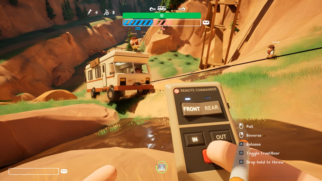 Official RV There Yet? Steam screenshot showing an RV being winched up rocky terrain, with cooperative players and a winch remote visible.