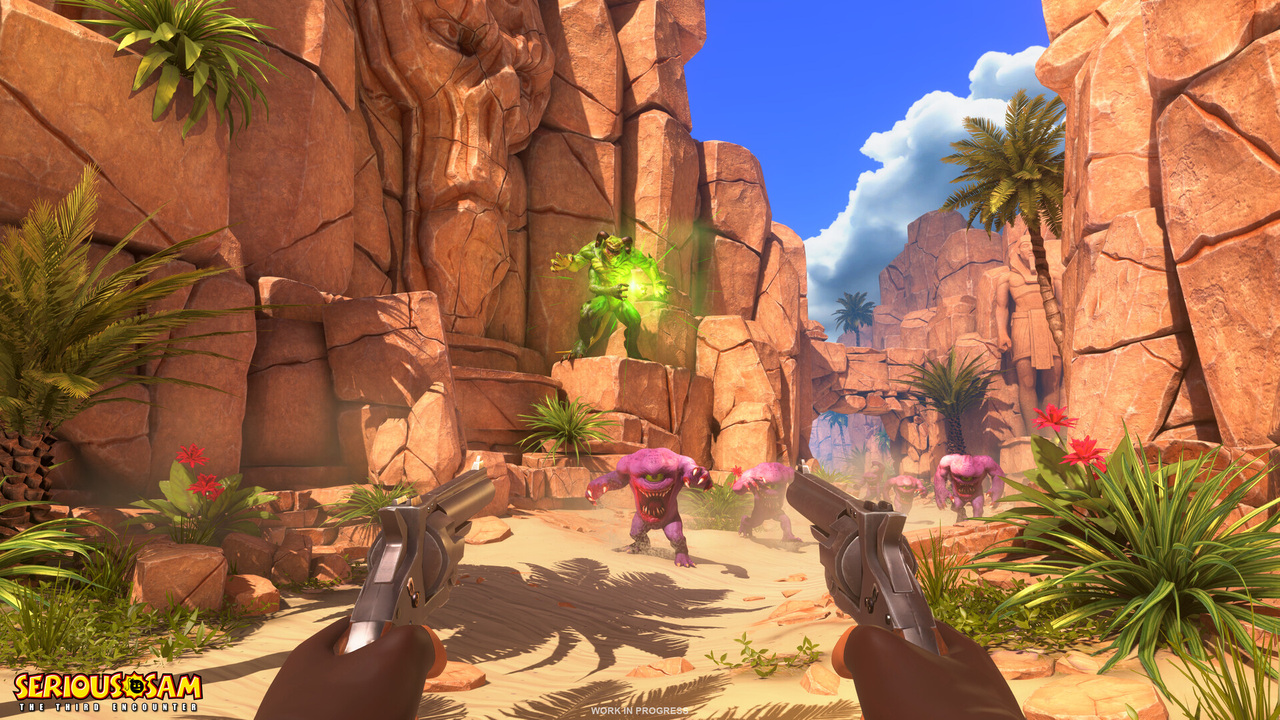 Work-in-progress Serious Sam: The Third Encounter screenshot with dual pistols, alien enemies and sandstone ruins.