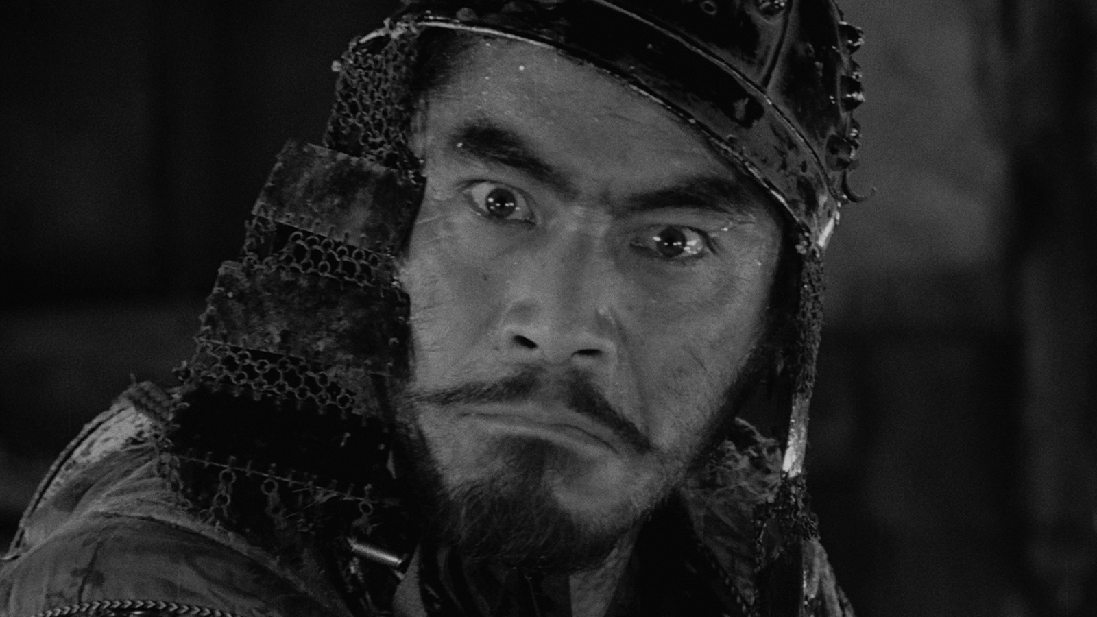 Toshiro Mifune as Kikuchiyo in armor in Seven Samurai.
