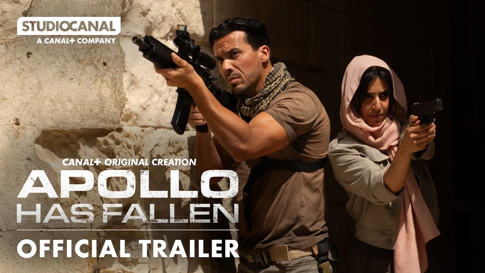 Official STUDIOCANAL trailer artwork for Apollo Has Fallen, showing Vincent Taleb and Zara Taylor armed and on a mission.