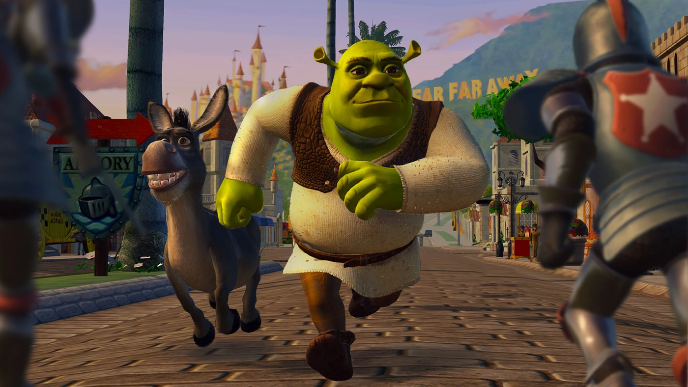 Shrek and Donkey run through Far Far Away between armored guards in an official Shrek 2 Remastered game screenshot.