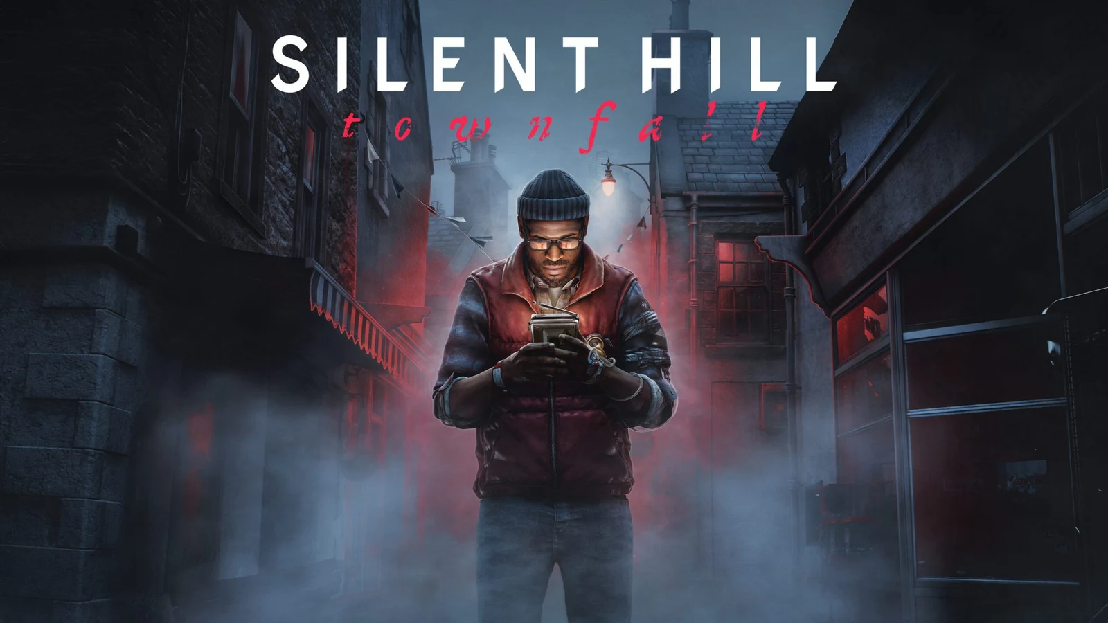 Official Silent Hill: Townfall key art showing Simon Ordell holding the CRTV device in a foggy, red-lit St. Amelia street.
