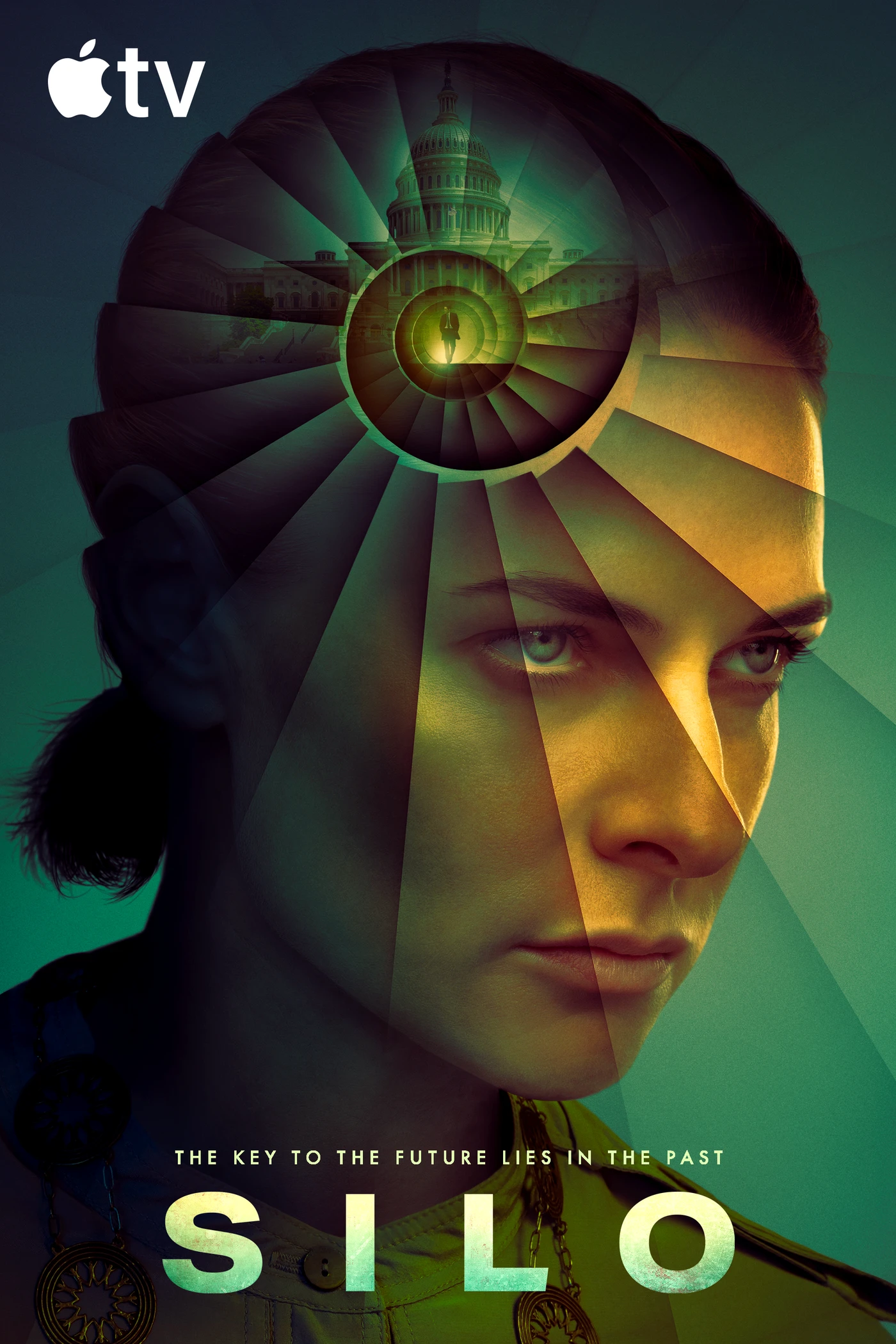 Official Silo Season 3 key art showing Juliette Nichols' face beneath a silhouetted figure descending a spiral staircase toward the U.S. Capitol, with the tagline 'The key to the future lies in the past.'