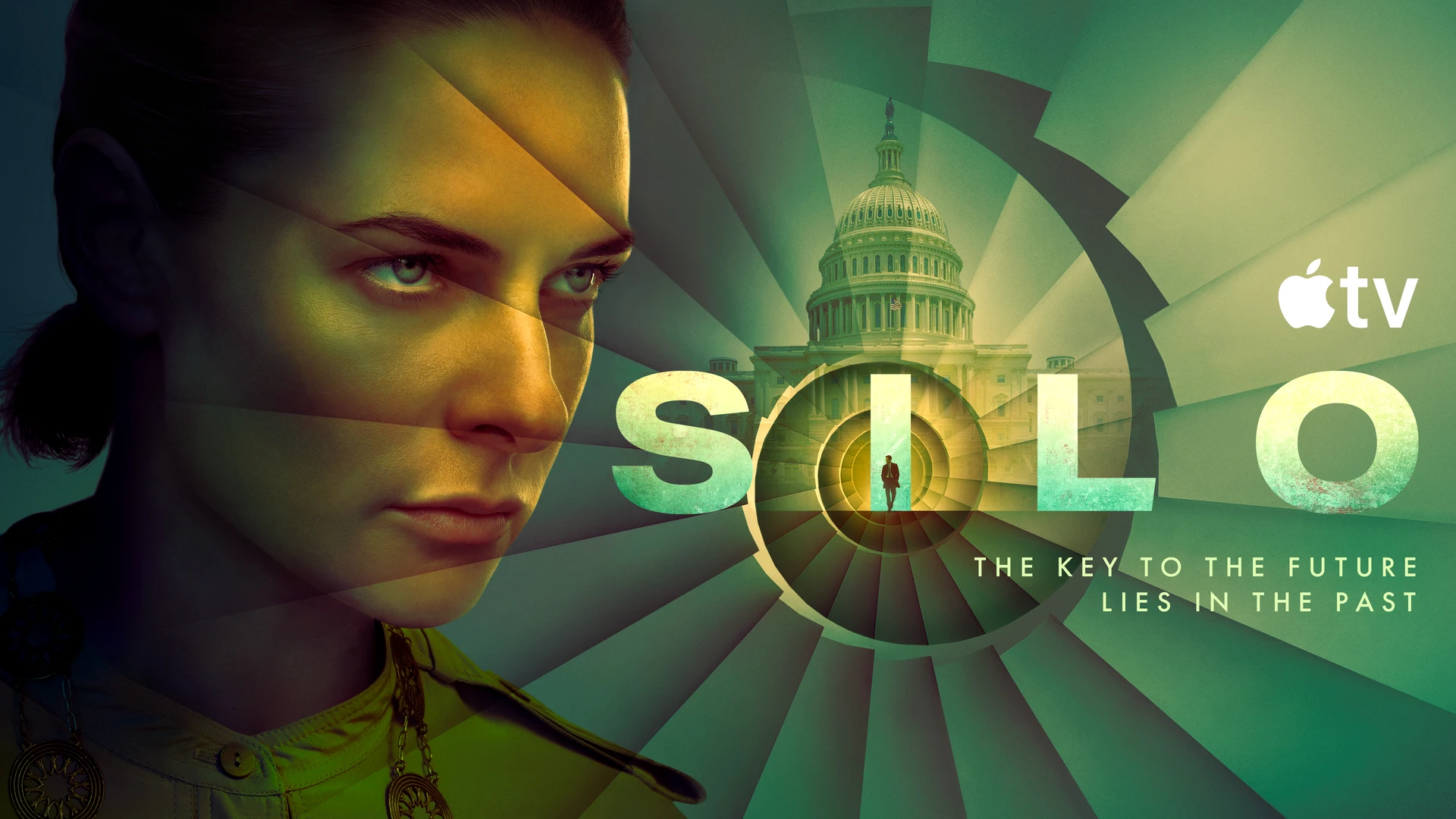 Official Silo Season 3 key art showing Juliette Nichols' face beside the U.S. Capitol dome and a silhouetted figure descending into a silo, with the tagline 'The key to the future lies in the past.'