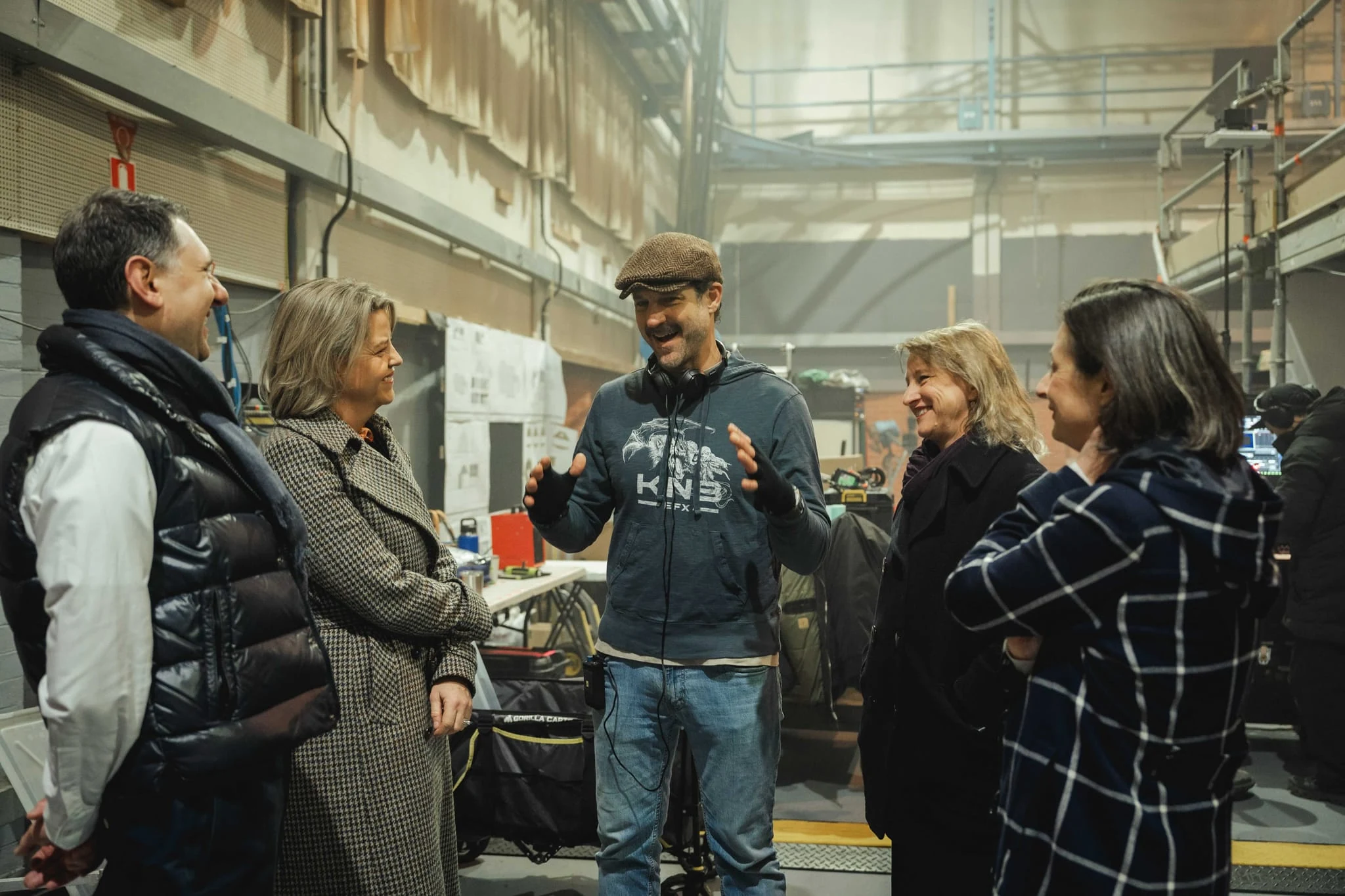 Director JT Mollner speaks on the Skeletons set in Victoria with producer Mario Biancacci, Victorian Minister Vicki Ward, Ausfilm CEO Kate Marks and VicScreen CEO Caroline Pitcher.
