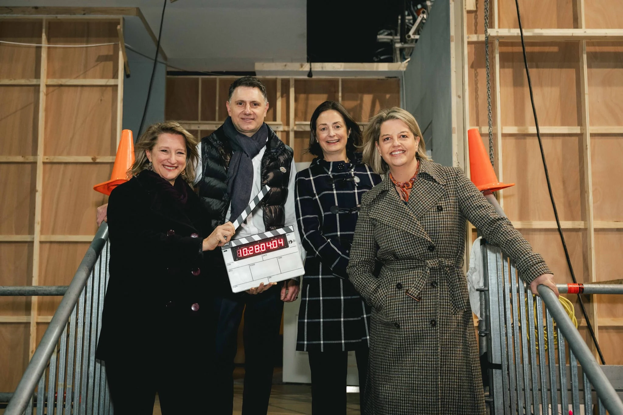 Director JT Mollner on the Skeletons set in Victoria with producer Mario Biancacci, Victorian Minister Vicki Ward, Ausfilm CEO Kate Marks and VicScreen CEO Caroline Pitcher.