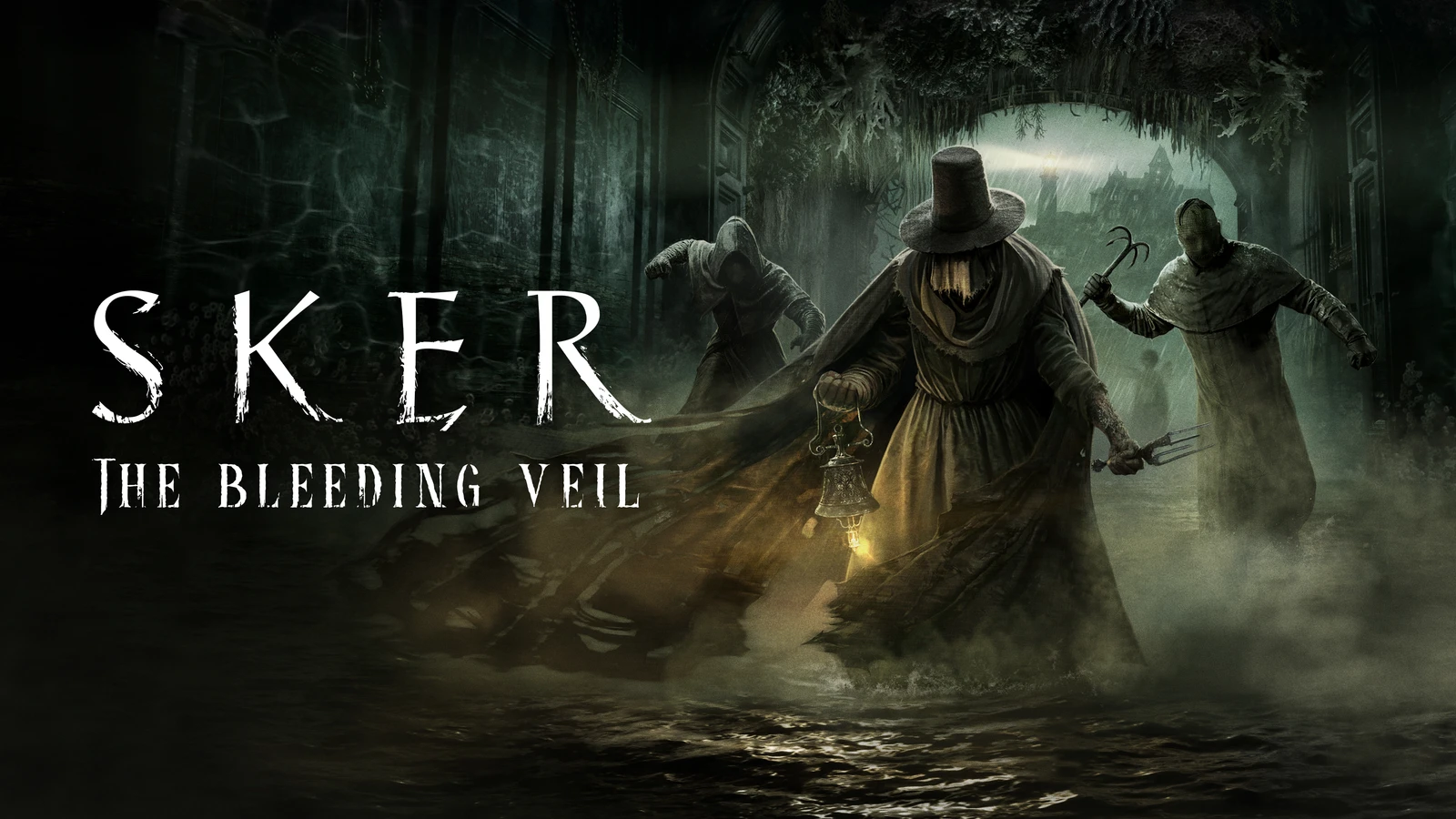 Official Sker: The Bleeding Veil key art showing three masked figures in a dark, mist-filled passage beside the game’s title.