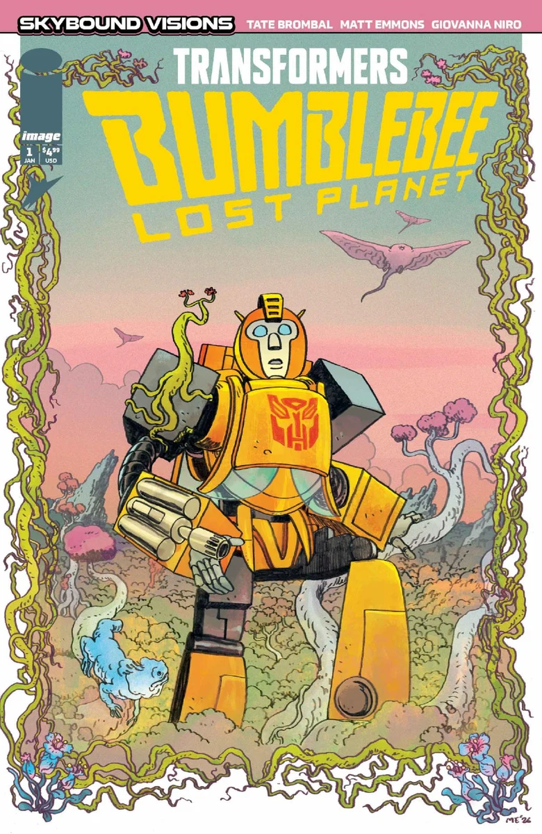 Bumblebee surrounded by strange plants and flying creatures on the official Transformers: Bumblebee - Lost Planet #1 cover.
