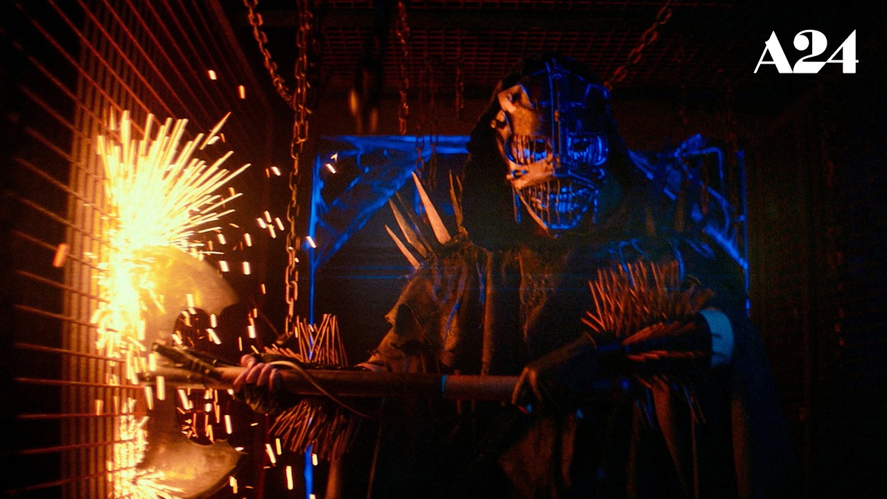 A masked haunted-attraction performer creates sparks in A24's Slayground official promo