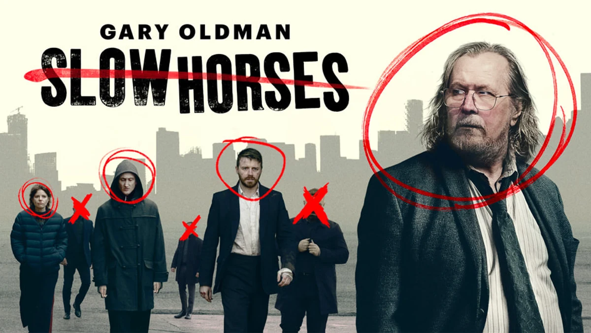 Official Slow Horses Season 6 key art, showing Gary Oldman as Jackson Lamb and the Slough House team walking through London, several faces circled or crossed out in red.