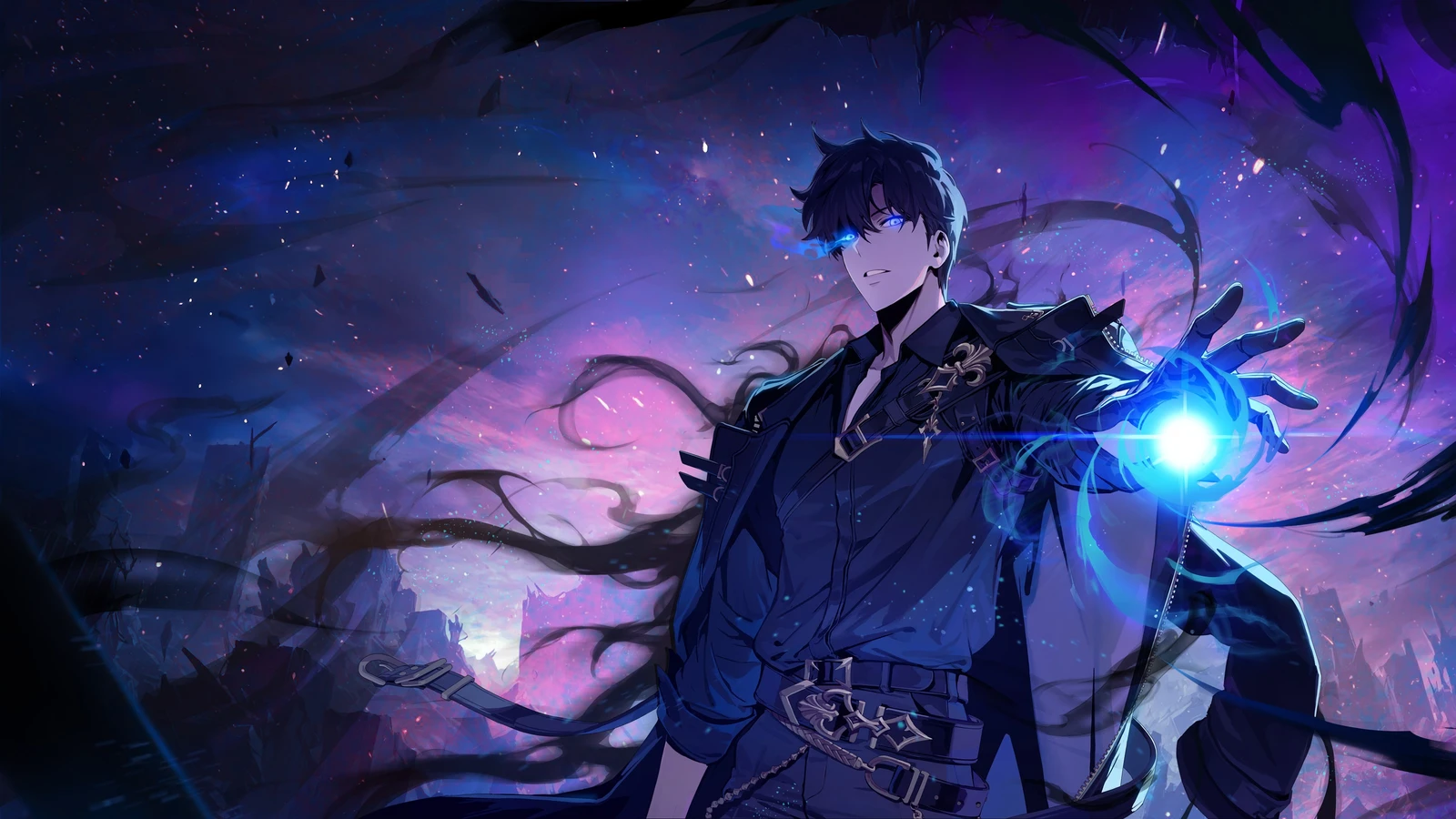 Sung Jinwoo channels blue energy in official Solo Leveling: ARISE OVERDRIVE artwork on the PlayStation Store.