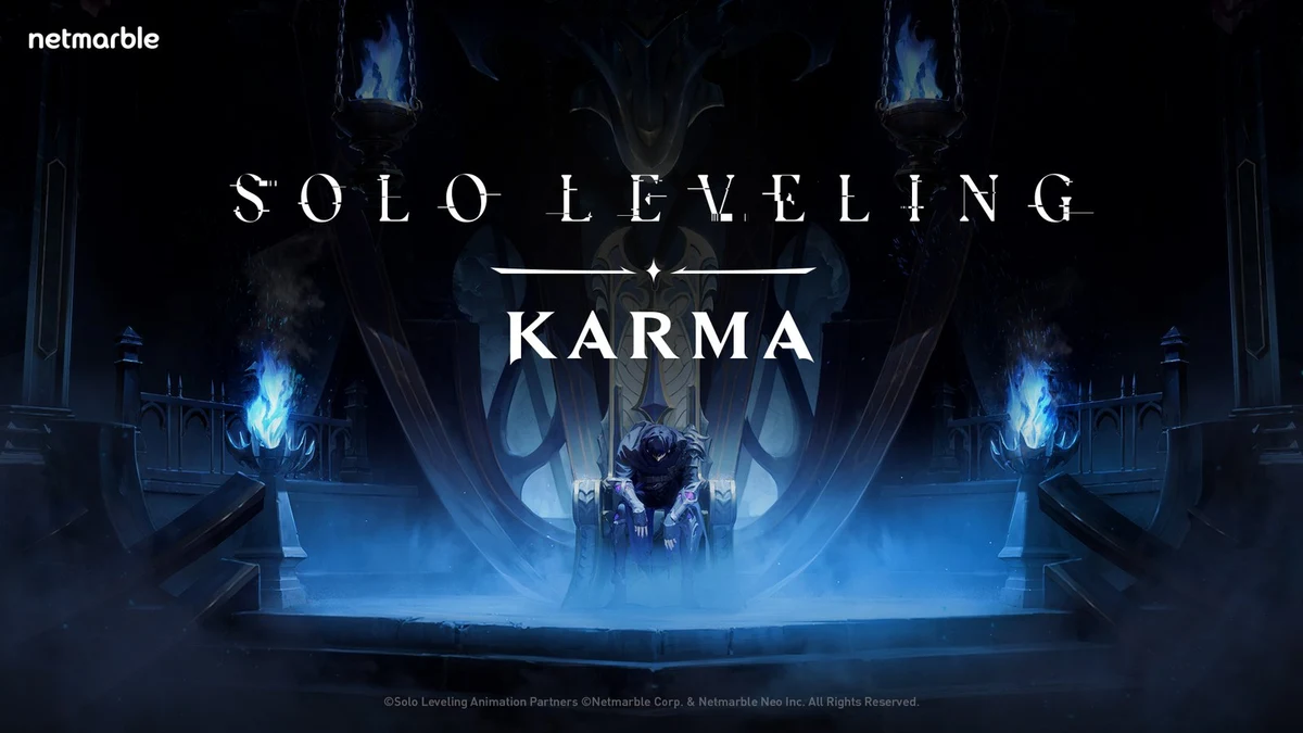 Official Solo Leveling: KARMA title card showing a shadowy figure seated on a throne.
