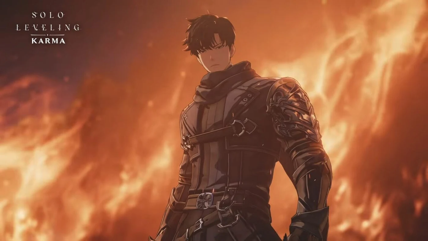 Official Solo Leveling: KARMA key art showing Sung Jinwoo standing before flames with the game's logo.