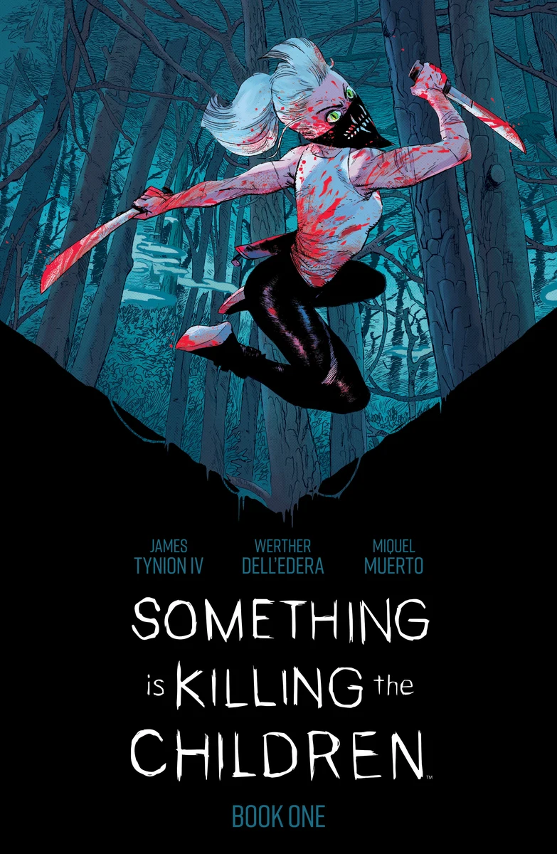 Erica Slaughter with two blades in a dark forest on the official Something is Killing the Children Book One Deluxe Edition cover.