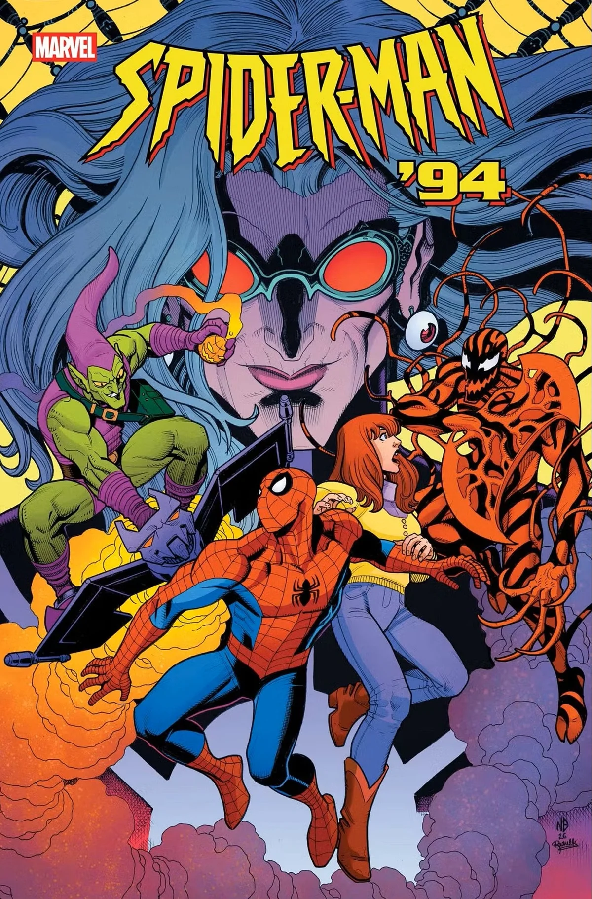 Nick Bradshaw's Spider-Man '94 Annual cover showing Spider-Man and Mary Jane alongside Madame Web, Green Goblin and Carnage.