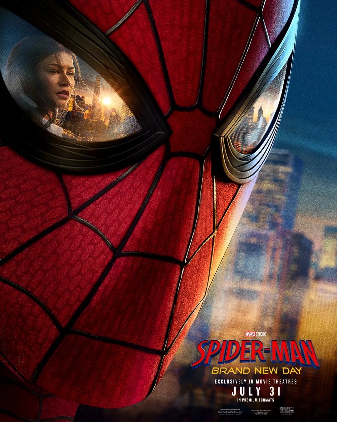 Official promotional image from Spider-Man: Brand New Day showing a masked superhero carrying a woman through the city.