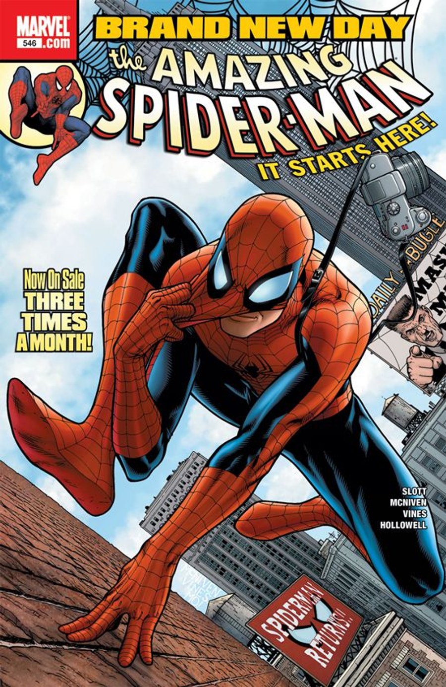 Cover of The Amazing Spider-Man #546, the first issue of the Brand New Day comics era, art by Steve McNiven.
