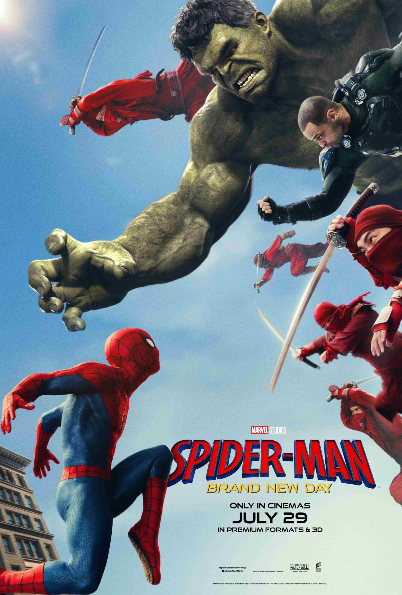 Official Spider-Man: Brand New Day theatrical poster featuring Spider-Man beneath Hulk and other characters.