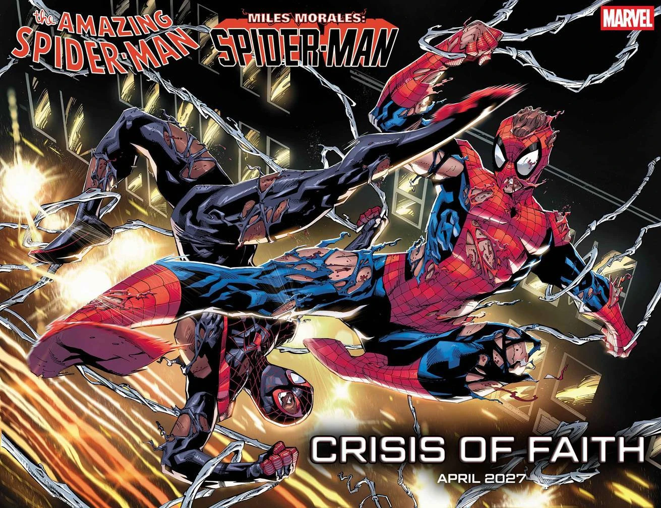 Ryan Stegman's Crisis of Faith promotional illustration shows Peter Parker and Miles Morales fighting in torn Spider-Man costumes above a city street.