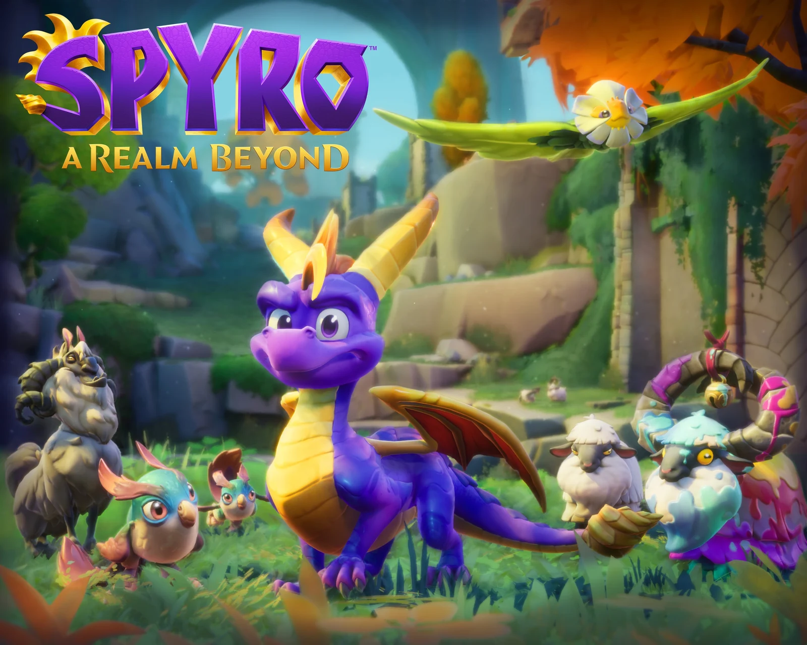 Official key art for Spyro: A Realm Beyond showing Spyro surrounded by new creatures in the Arcadian Vale region.