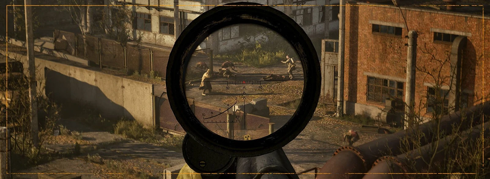 A scoped rifle overlooks a fight in an overgrown industrial courtyard in GSC Game World's S.T.A.L.K.E.R. 2 update showcase.