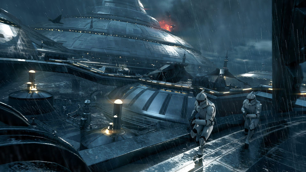 Two clone troopers run through rain at the Kamino cloning facility in Star Wars Battlefront II (2017).