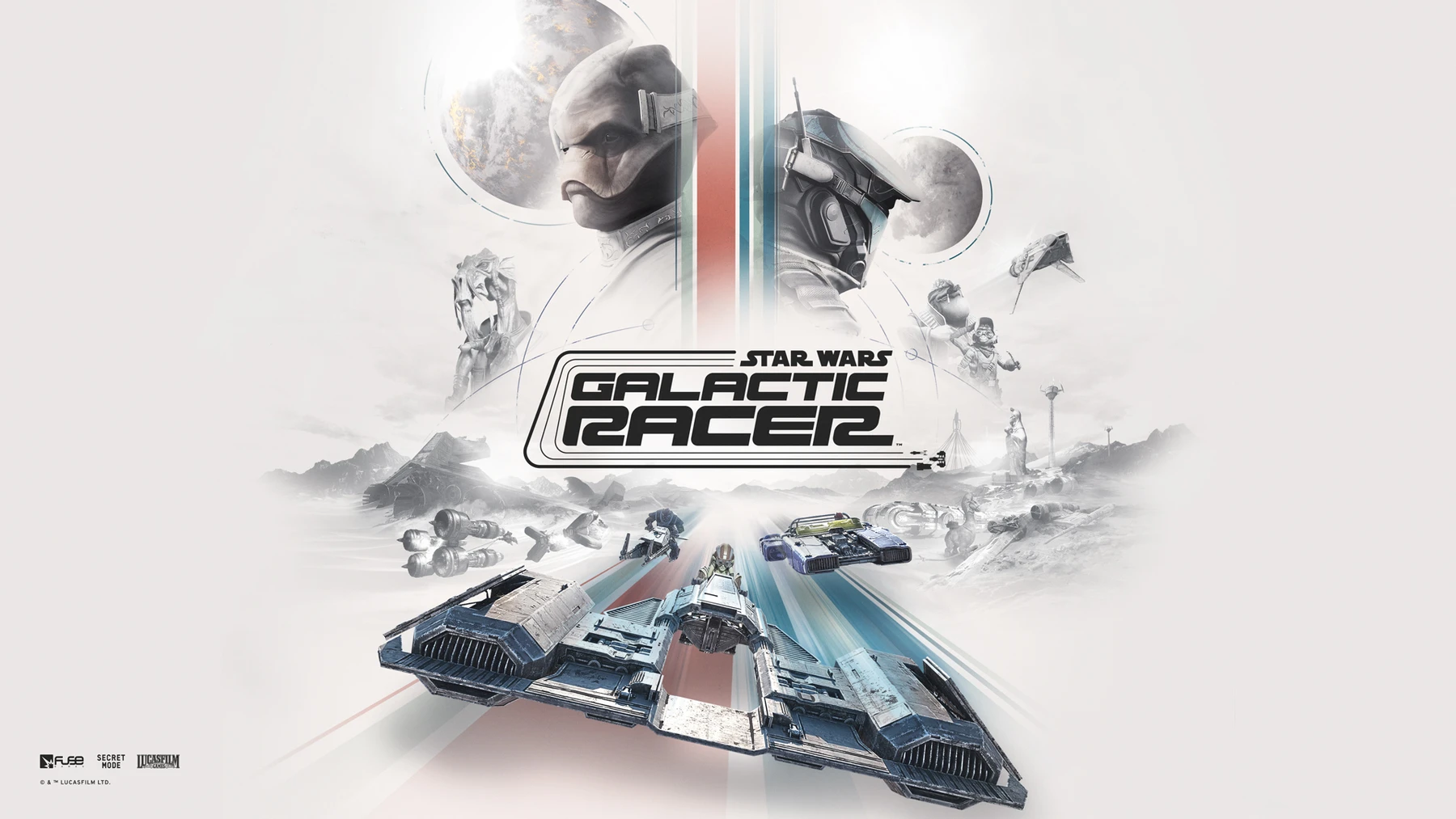Star Wars: Galactic Racer key art with racers, repulsorcraft and the game logo on a pale background.