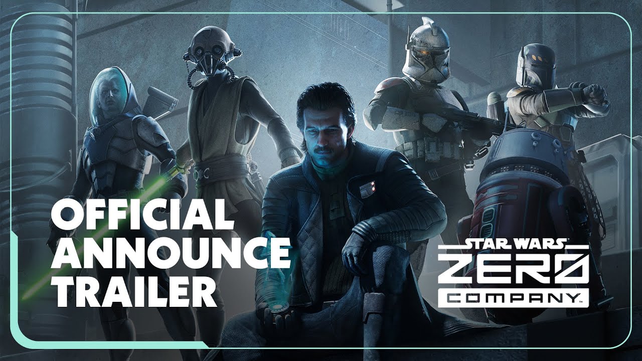 The Zero Company squad, including Hawks, a clone trooper, a Mandalorian and a droid, in official key art from Star Wars Zero Company.