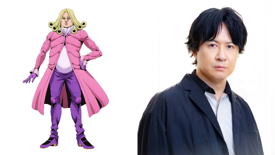 Official Funny Valentine character visual beside Japanese voice actor Tomokazu Sugita.