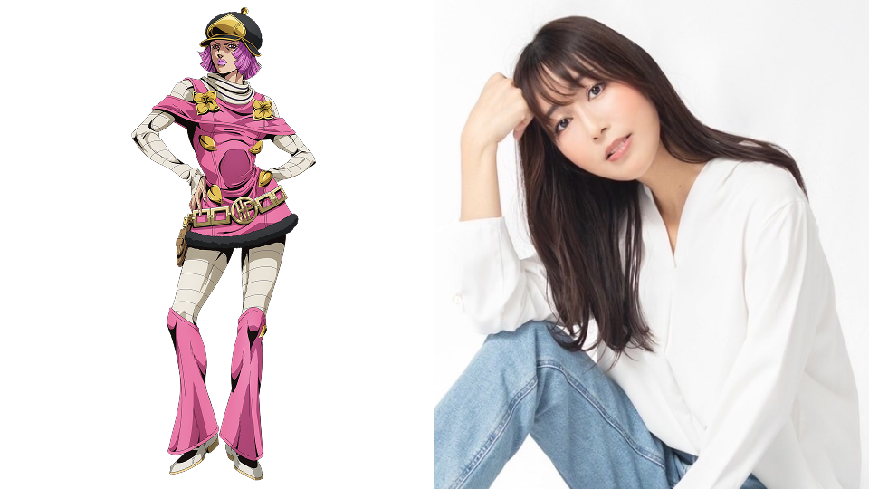 Official Hot Pants character visual beside Japanese voice actor Yoko Hikasa.