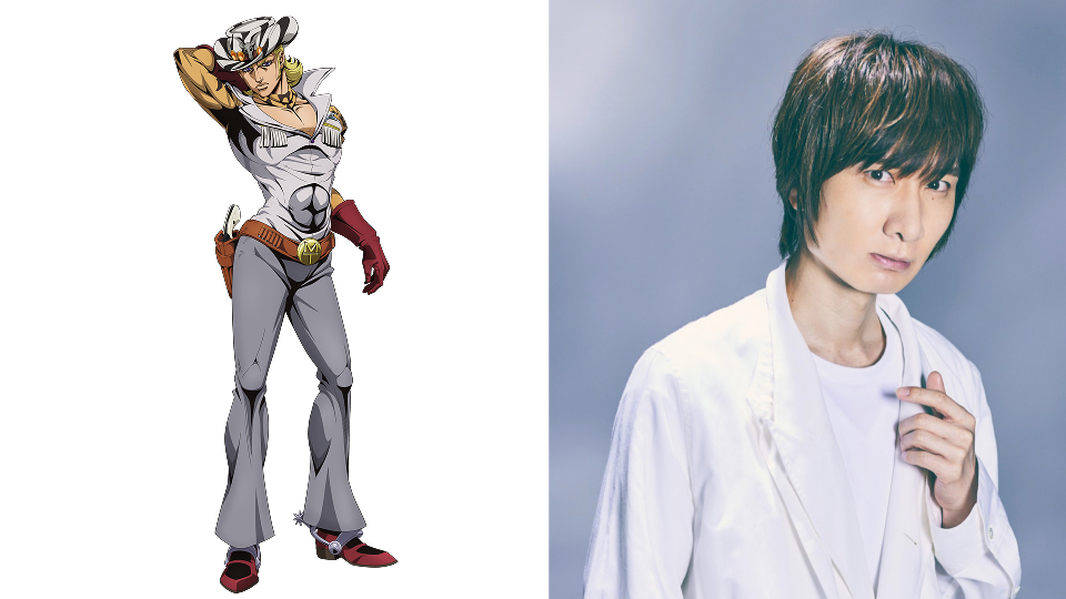 Official Mountain Tim character visual beside Japanese voice actor Tomoaki Maeno.