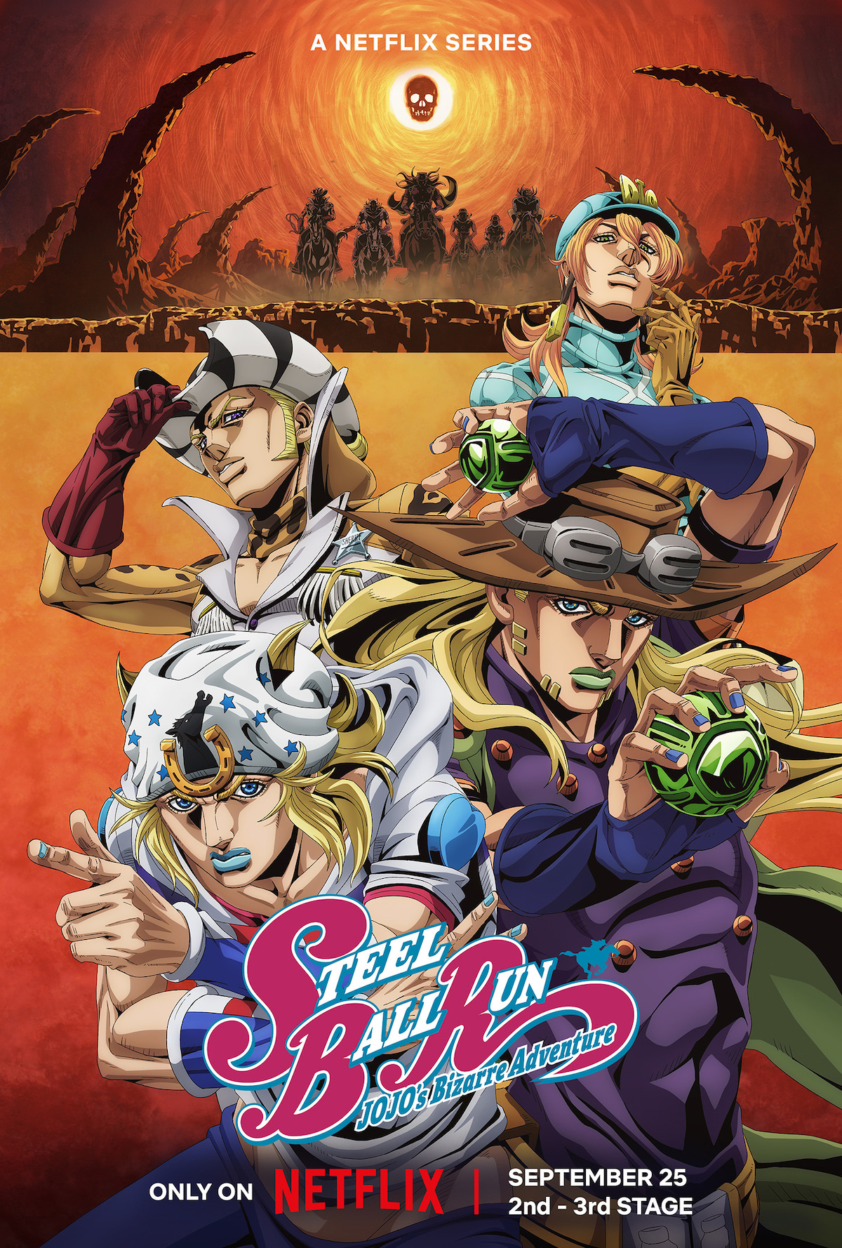Official Netflix Steel Ball Run art showing Johnny, Gyro and other racers with a September 25 date for the 2nd and 3rd STAGE.