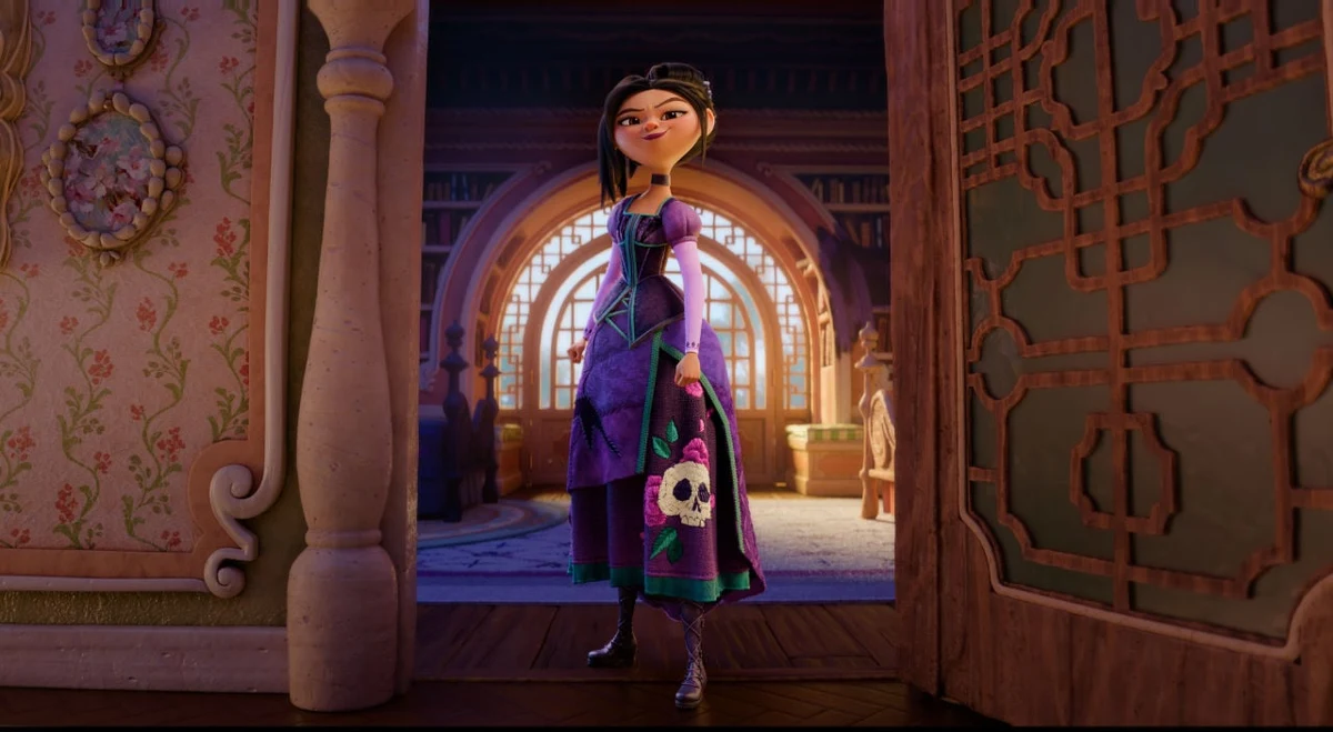 Lilith, voiced by Ali Wong, standing in a doorway wearing a purple dress with a skull-and-rose motif in Netflix's Steps.