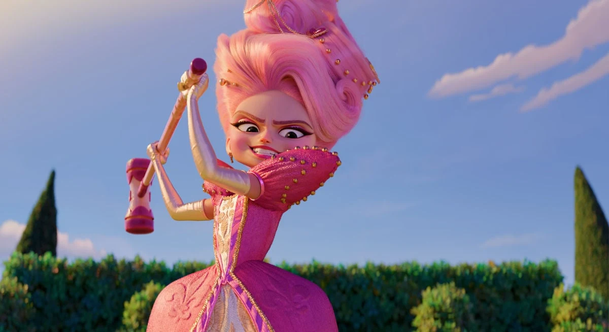 Priscilla, voiced by Nikki Glaser, smiling menacingly while holding a royal scepter in Netflix's Steps.