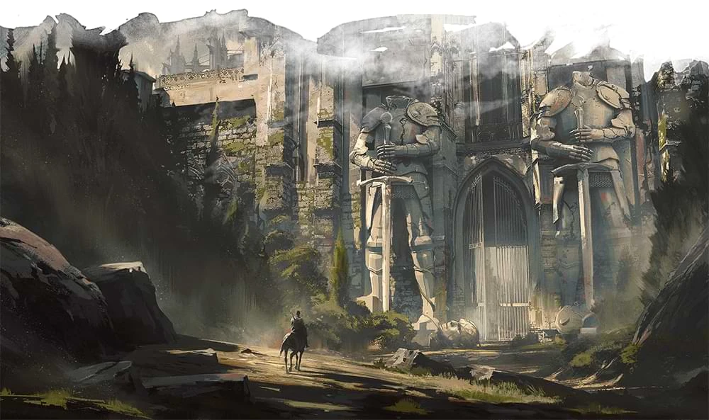 Official Dungeons & Dragons artwork of a lone rider on horseback approaching the ruined, statue-flanked gates of Castle Ravenloft through fog.