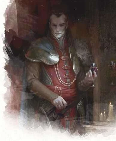 Official Dungeons & Dragons portrait artwork of Strahd von Zarovich holding a wine glass in Castle Ravenloft.