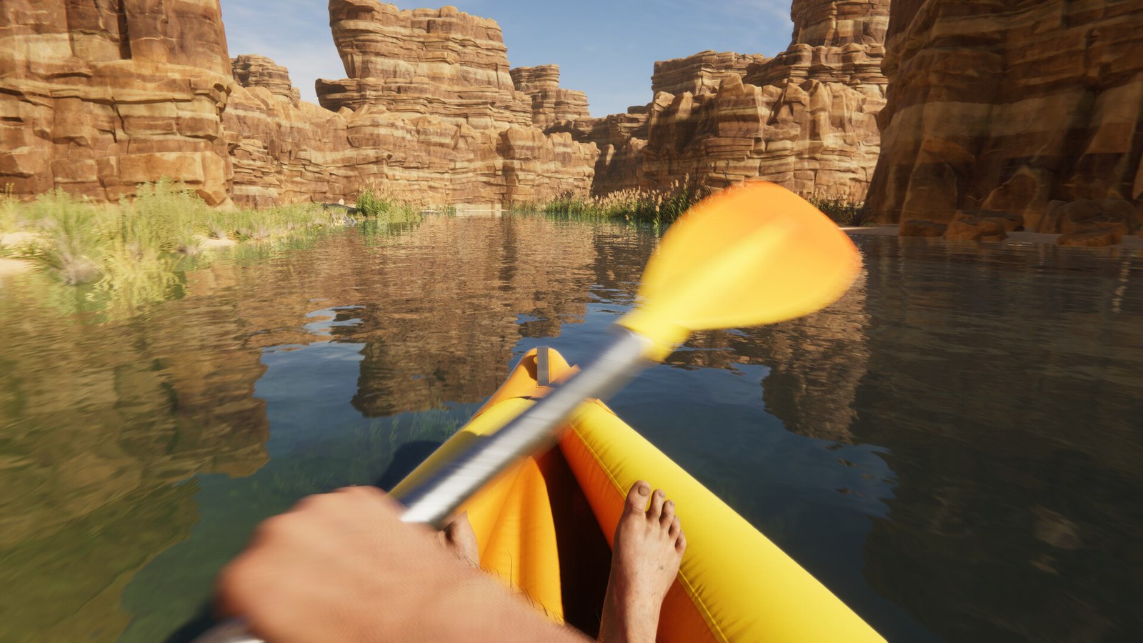 First-person view of kayaking through a desert canyon river in Stranded Deep 2.