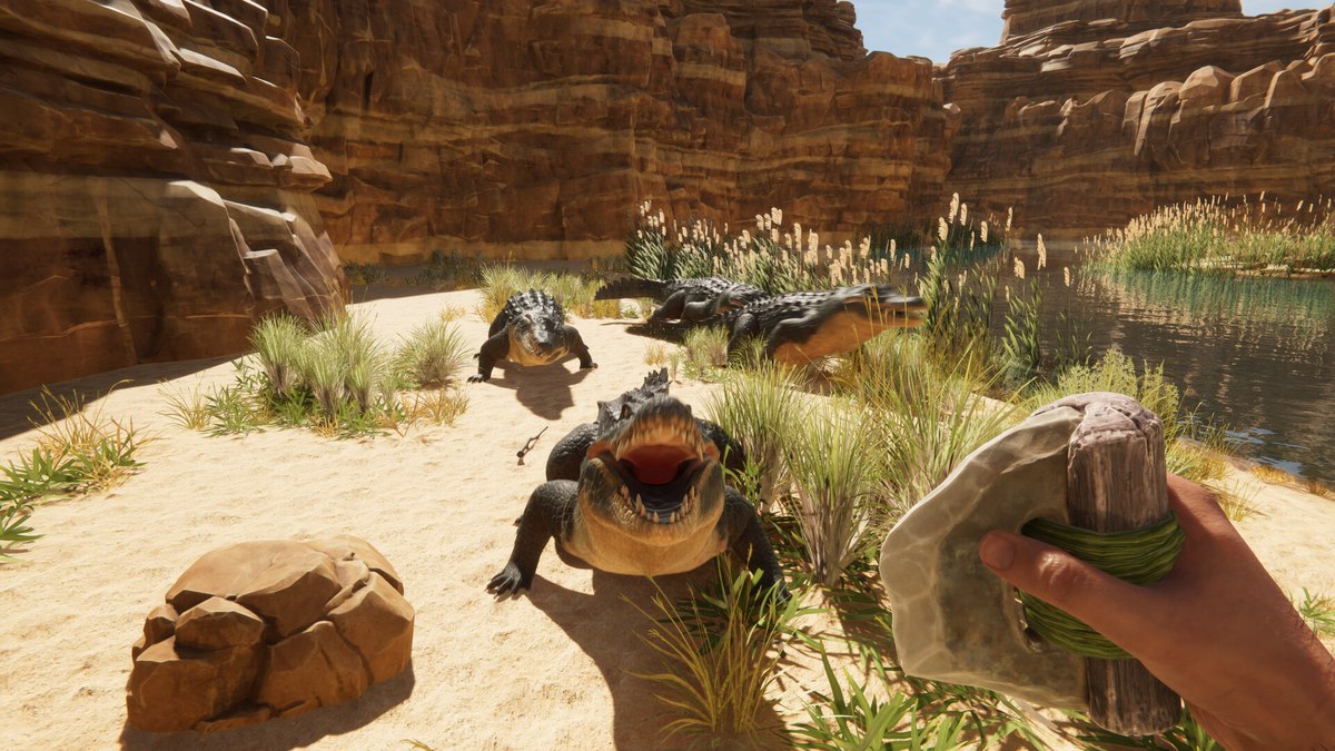 Crocodiles approaching the player on a riverbank in Stranded Deep 2.