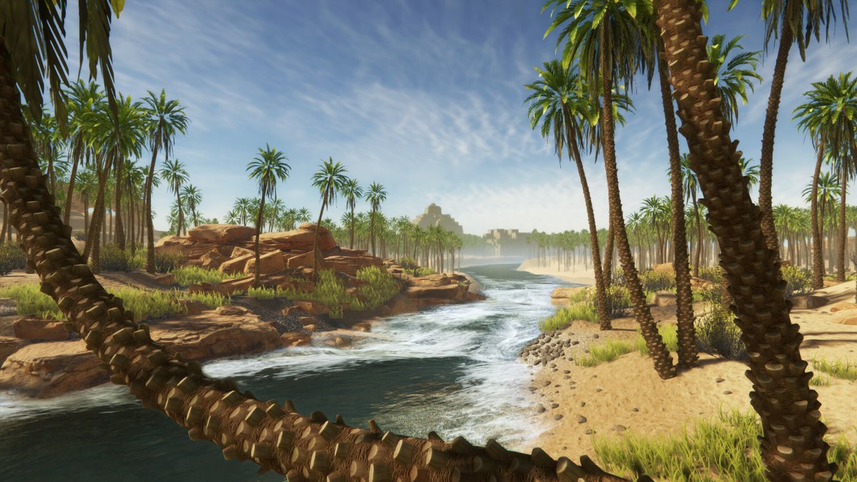 A river winding through a palm-lined desert canyon with rapids in Stranded Deep 2.