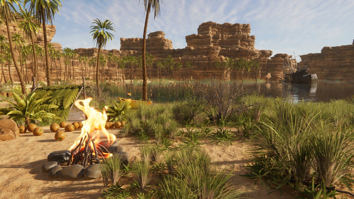 A riverside campfire and kayak at a desert camp in Stranded Deep 2.