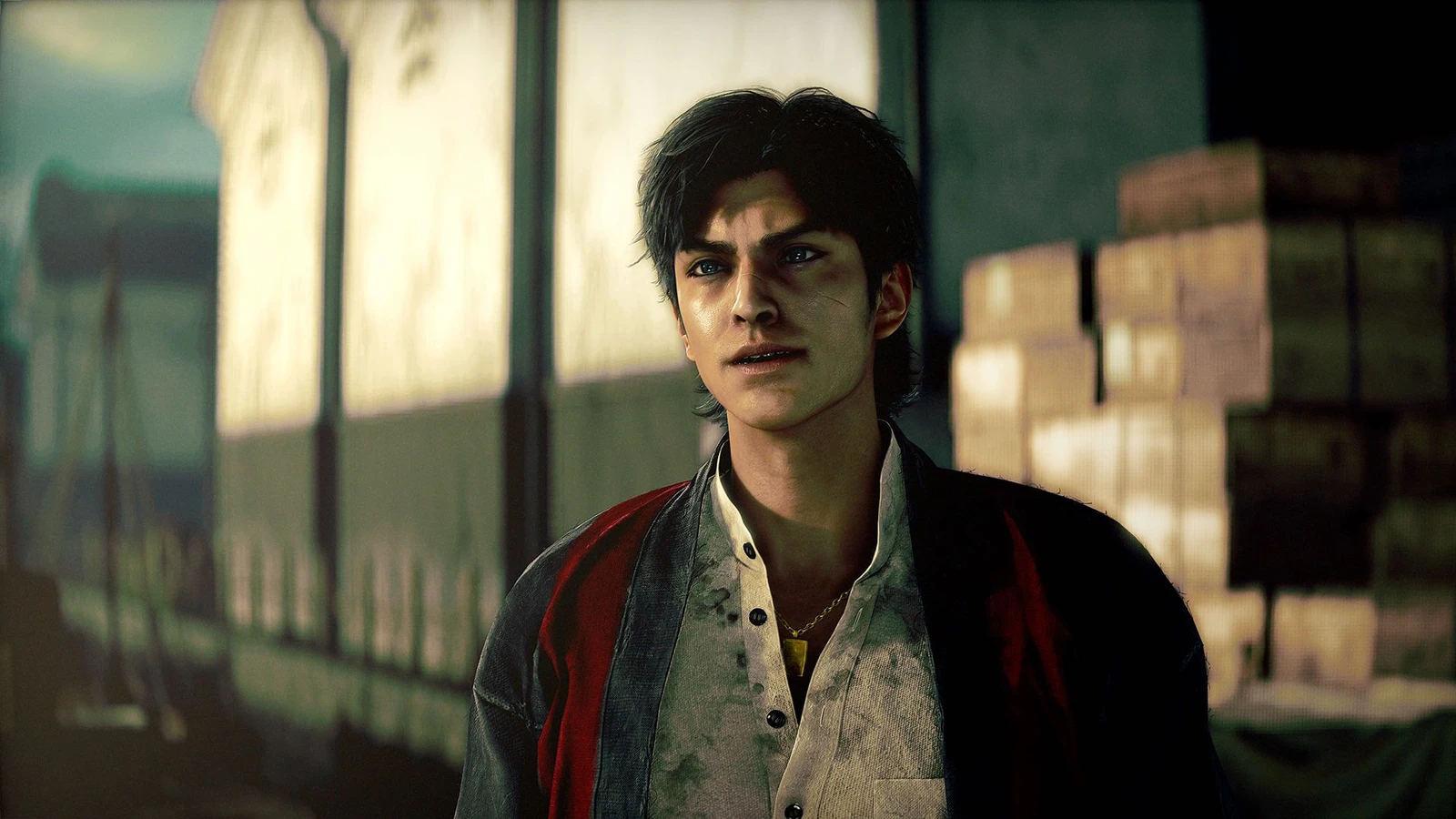 Makoto Daito wears a dark jacket over a light shirt in an official Stranger Than Heaven character image.