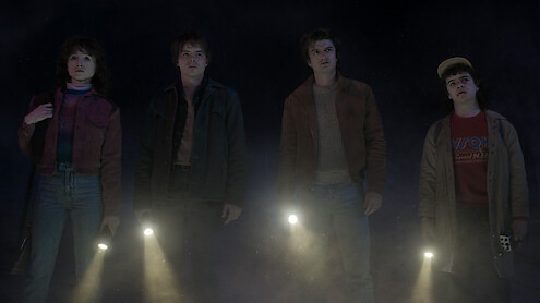 Mike, Dustin, Steve and Nancy exploring the supernatural darkness in Stranger Things 5