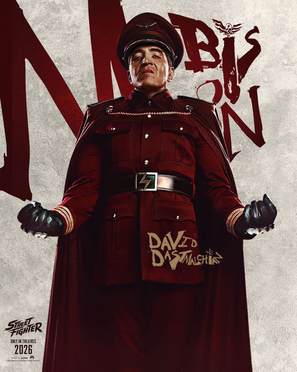 Official character poster for Street Fighter (2026) showing David Dastmalchian as M. Bison.