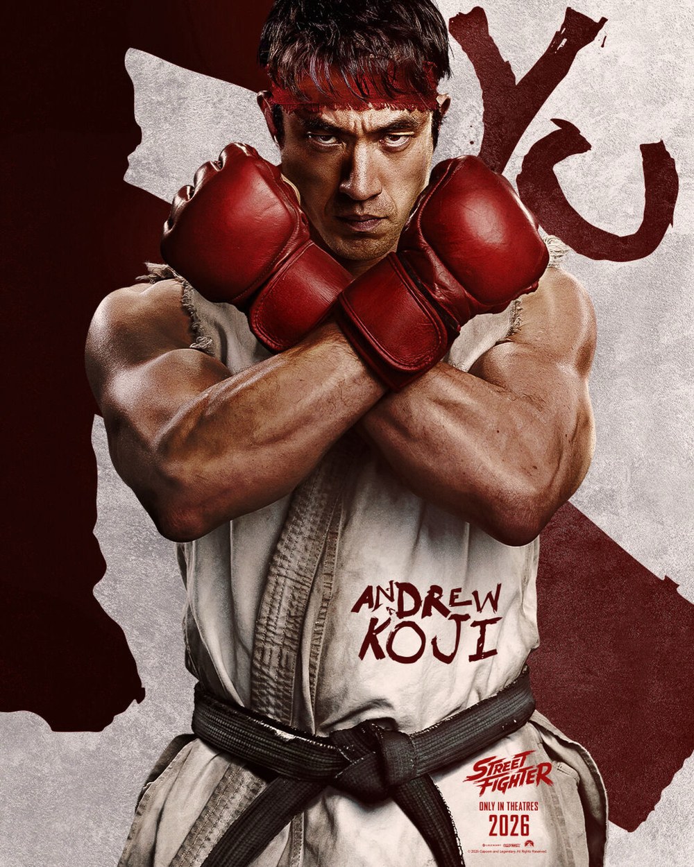 Official character poster for Street Fighter (2026) showing Andrew Koji as Ryu in fighting stance.