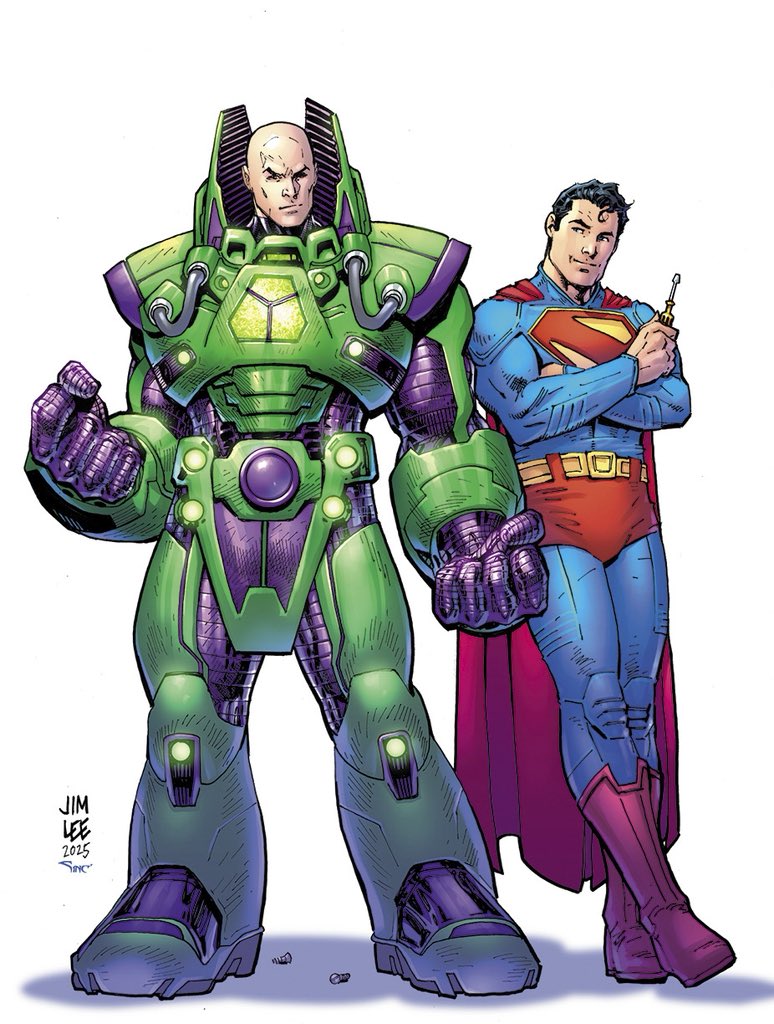 Jim Lee's official Man of Tomorrow announcement art showing Superman facing Lex Luthor in his green and purple warsuit.