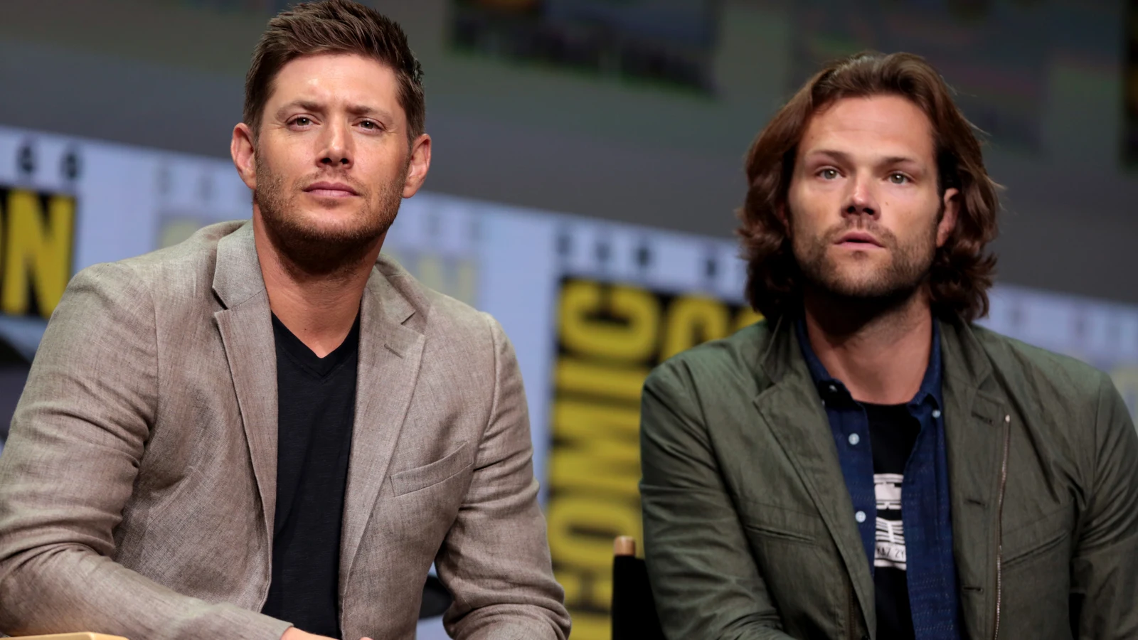 Jensen Ackles and Jared Padalecki at the Supernatural panel at San Diego Comic-Con in 2017.