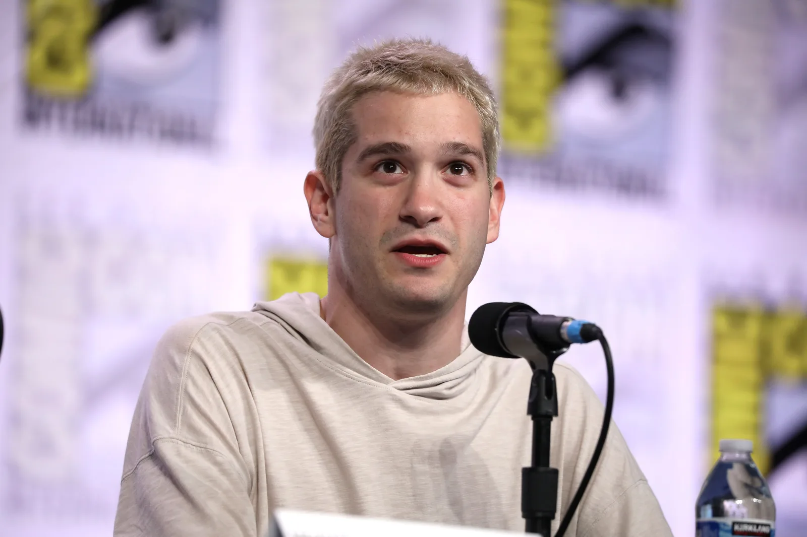 Danny Philippou wearing a light hoodie and speaking into a microphone at Comic-Con.