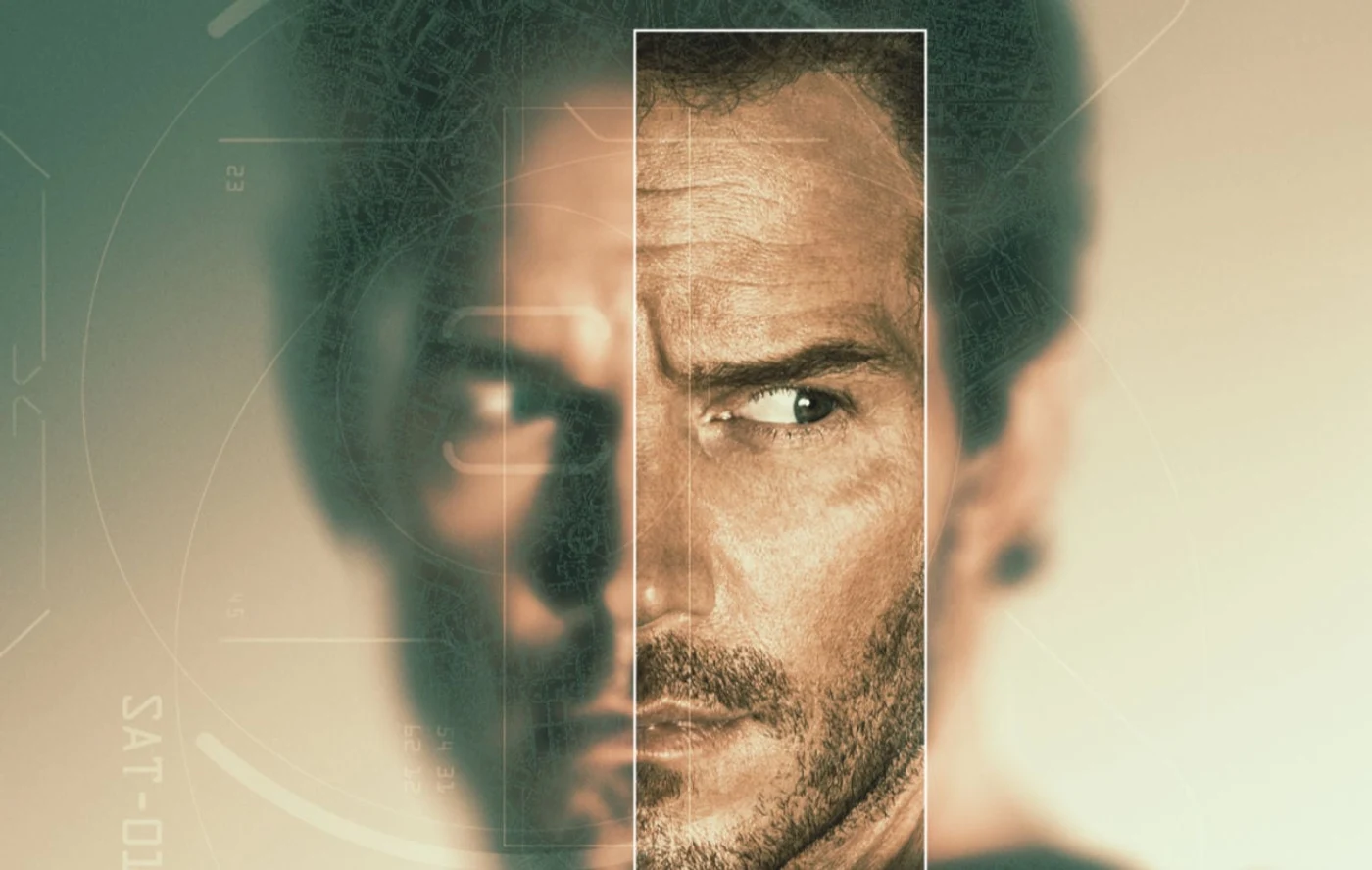 Official Terminal List Season 2 key art showing James Reece's face split by a satellite tracking overlay.