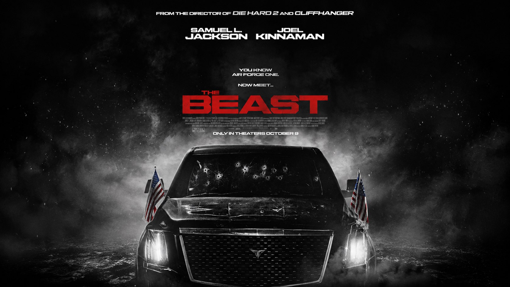 Official The Beast key art showing the bullet-scarred presidential limousine beneath the film's title and October 9 theatrical date.