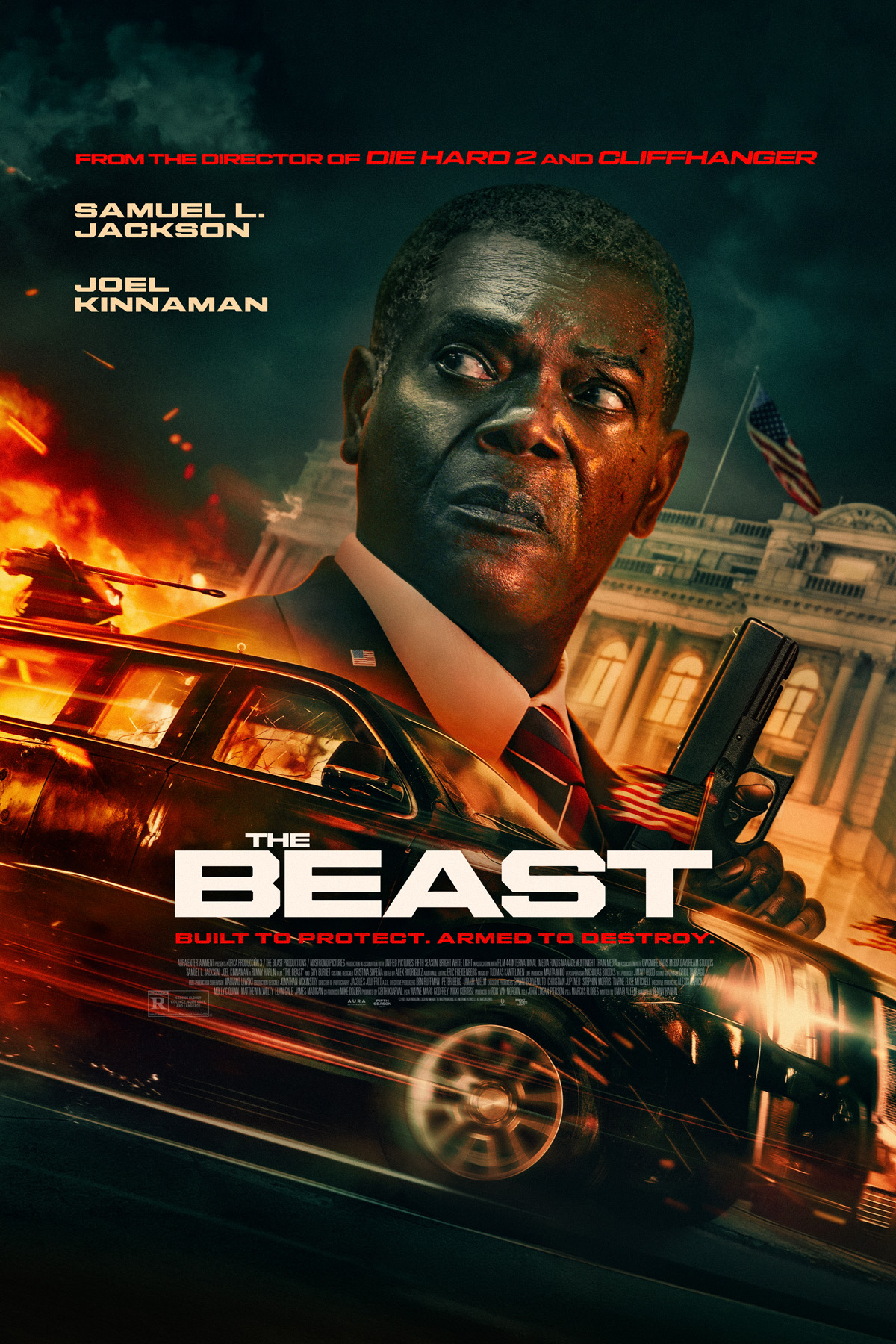 Official The Beast poster showing Samuel L. Jackson as the president above the armored limousine, with Joel Kinnaman named in the billing.